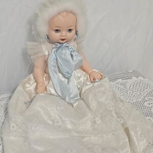Vintage KADER Baby Doll in Cream Dress with Light Blue and Faux Fur Accent